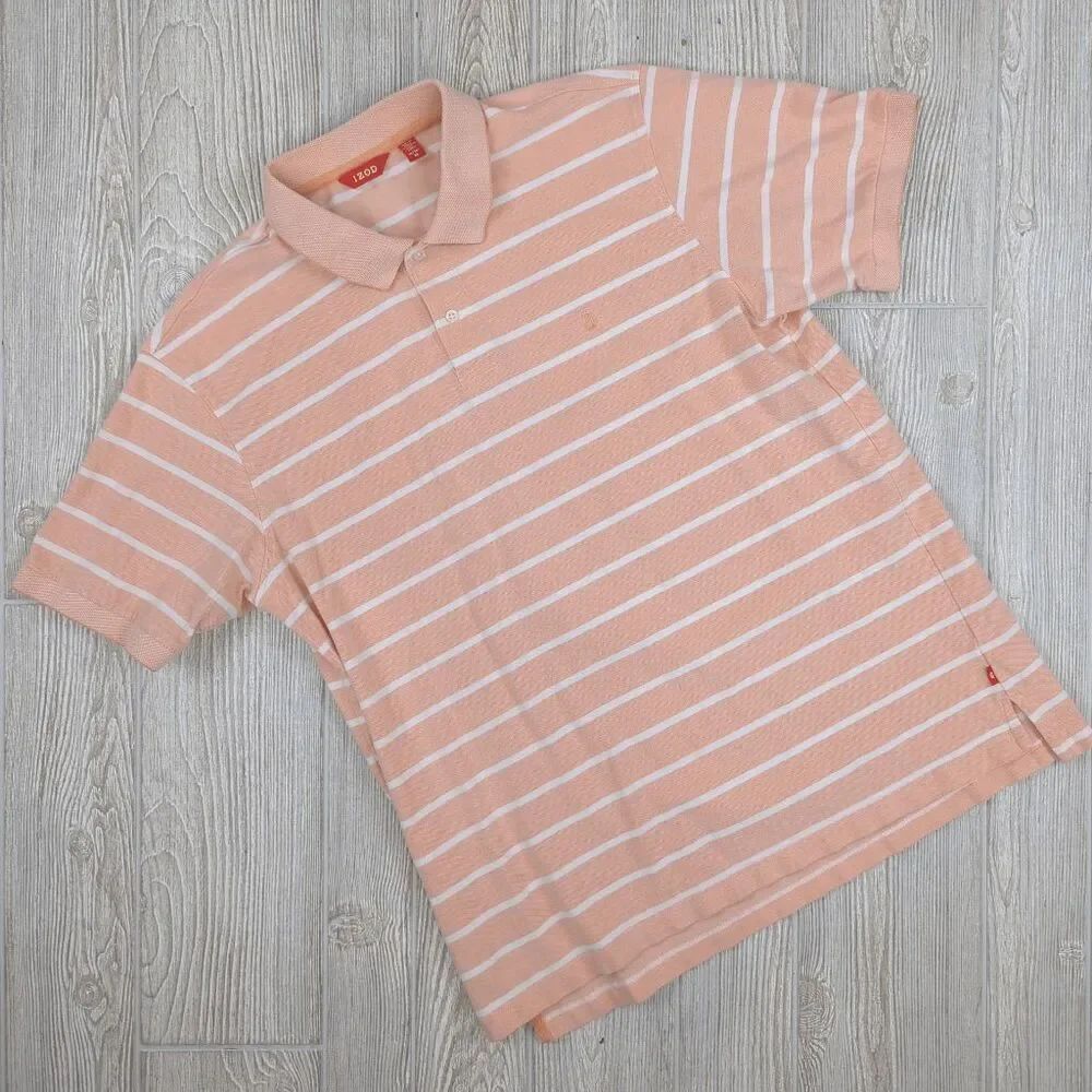 Izod Men’s XL Coral Pink White Striped Short Sleeve Polo Shirt
